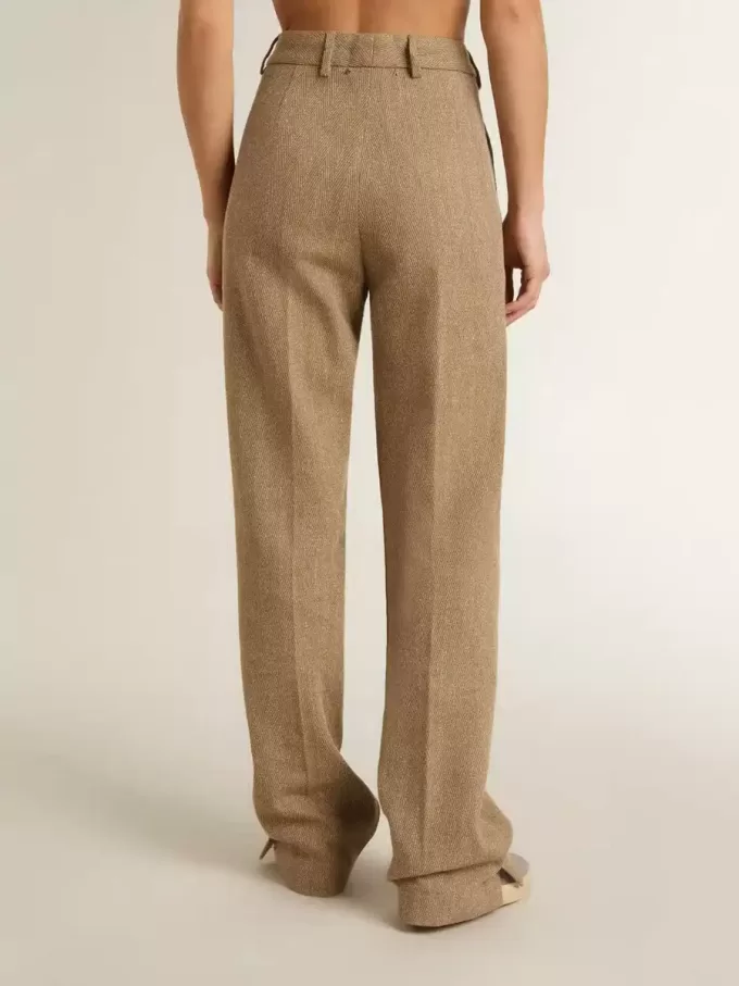 Pantaloni da donna in misto lino a spina di pesce color sabbia Pantaloni da donna in misto lino a spina di pesce color sabbia