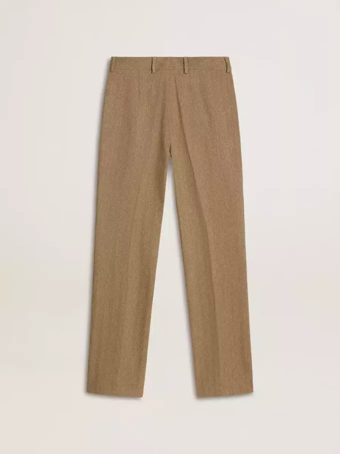 Pantaloni da donna in misto lino a spina di pesce color sabbia Pantaloni da donna in misto lino a spina di pesce color sabbia
