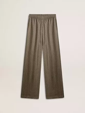 Pantaloni da donna in misto viscosa e seta verde con motivo floreale