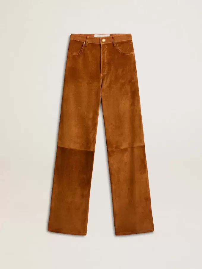 Pantaloni da donna in pelle scamosciata color tabacco