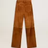Pantaloni da donna in pelle scamosciata color tabacco