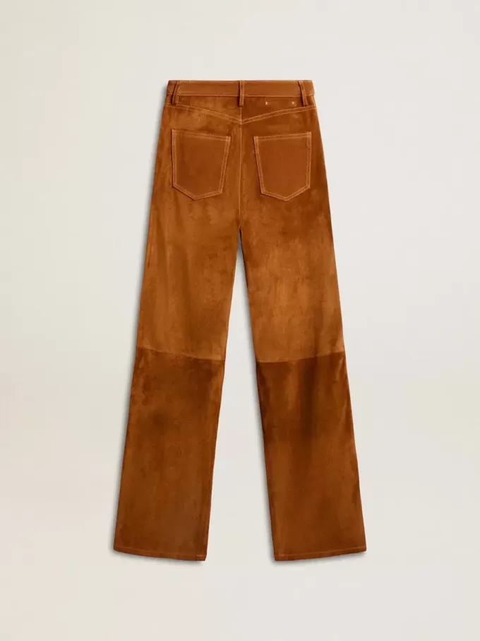 Pantaloni da donna in pelle scamosciata color tabacco