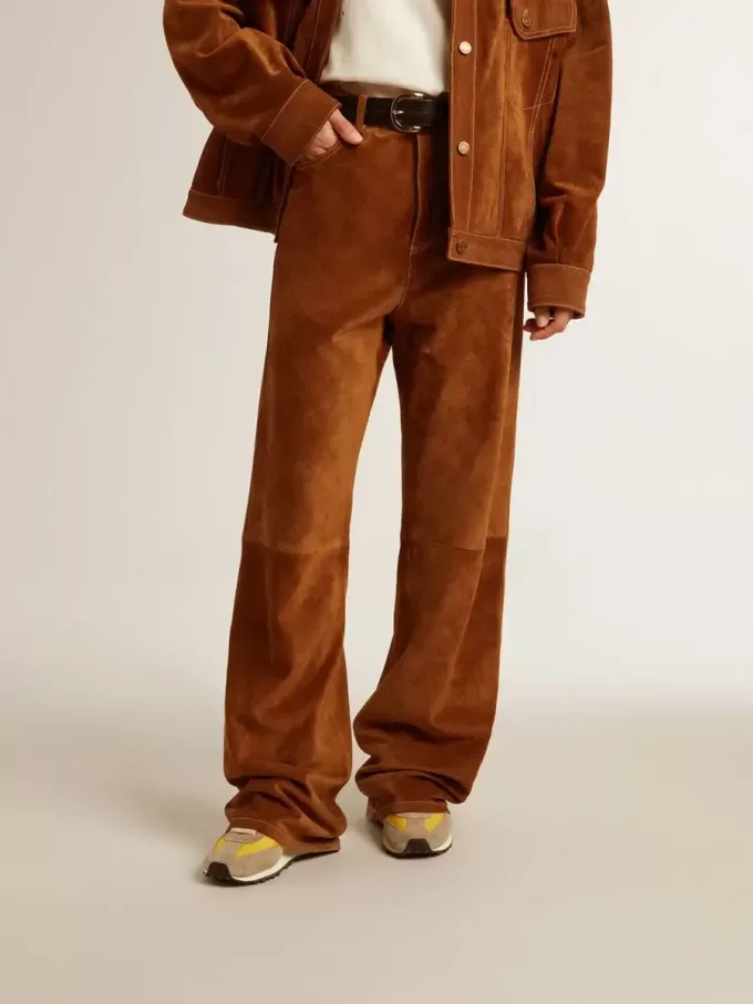 Pantaloni da donna in pelle scamosciata color tabacco