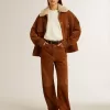 Pantaloni da donna in pelle scamosciata color tabacco