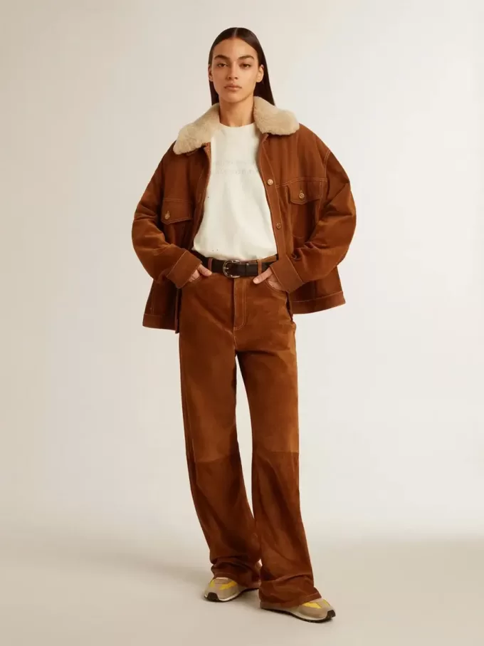 Pantaloni da donna in pelle scamosciata color tabacco