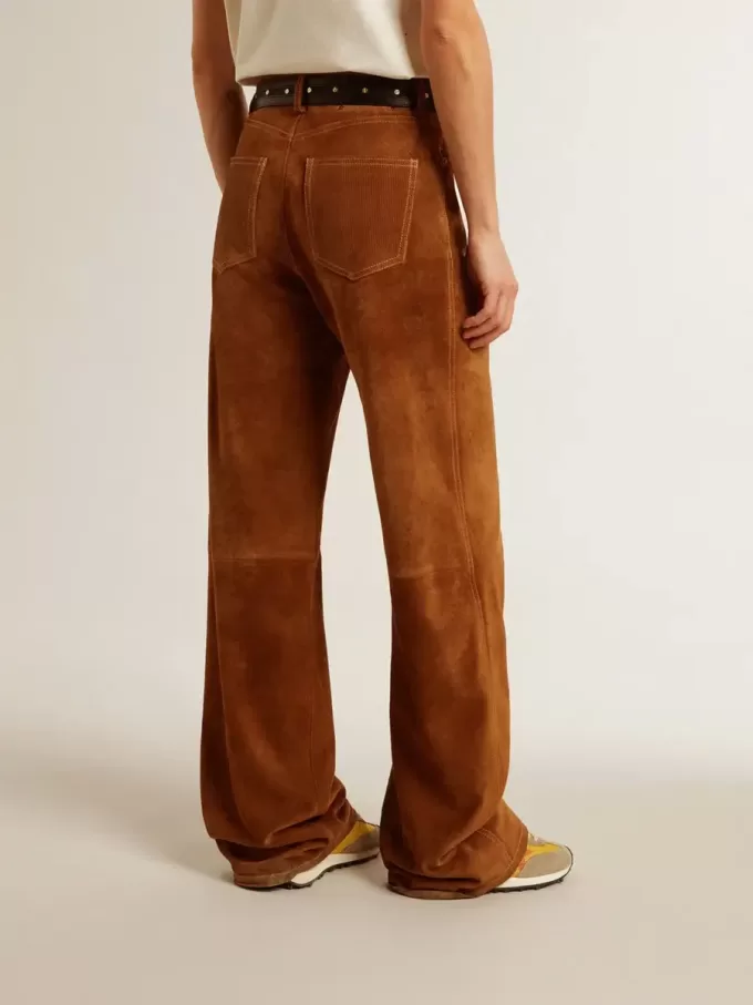 Pantaloni da donna in pelle scamosciata color tabacco