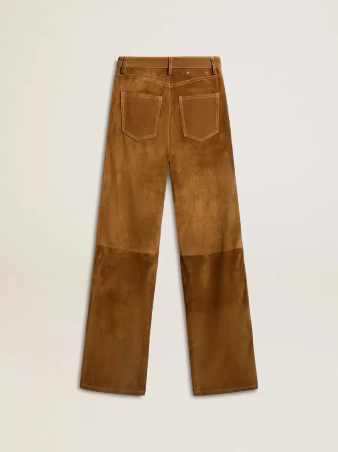 Pantaloni da donna in pelle scamosciata color tabacco