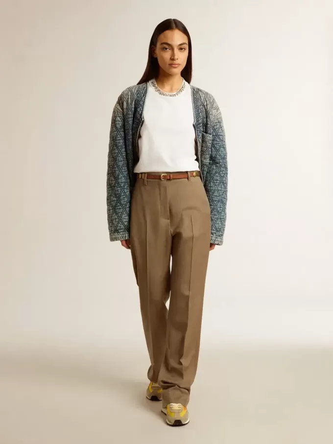 Pantaloni da donna in tessuto di lana sartoriale grigio tortora