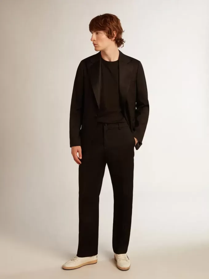 Pantaloni da smoking da uomo in gabardine di lana nera
