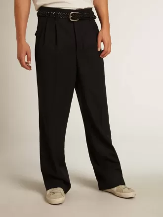 Pantaloni da uomo a gamba larga in lana blu scuro