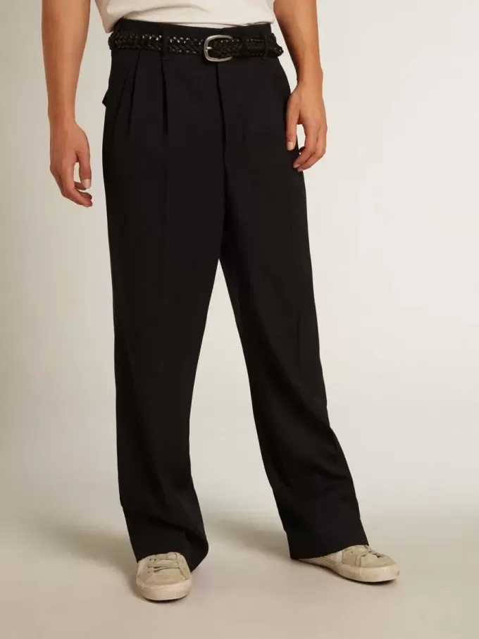 Pantaloni da uomo a gamba larga in lana blu scuro