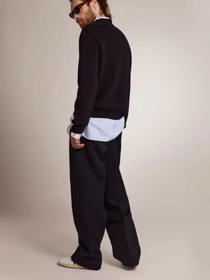 Pantaloni da uomo a gamba larga in lana blu scuro