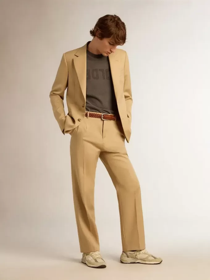 Pantaloni da uomo in gabardine di lana color sabbia