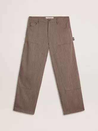 Pantaloni da uomo in misto lana con micro motivo a chevron marrone chiaro