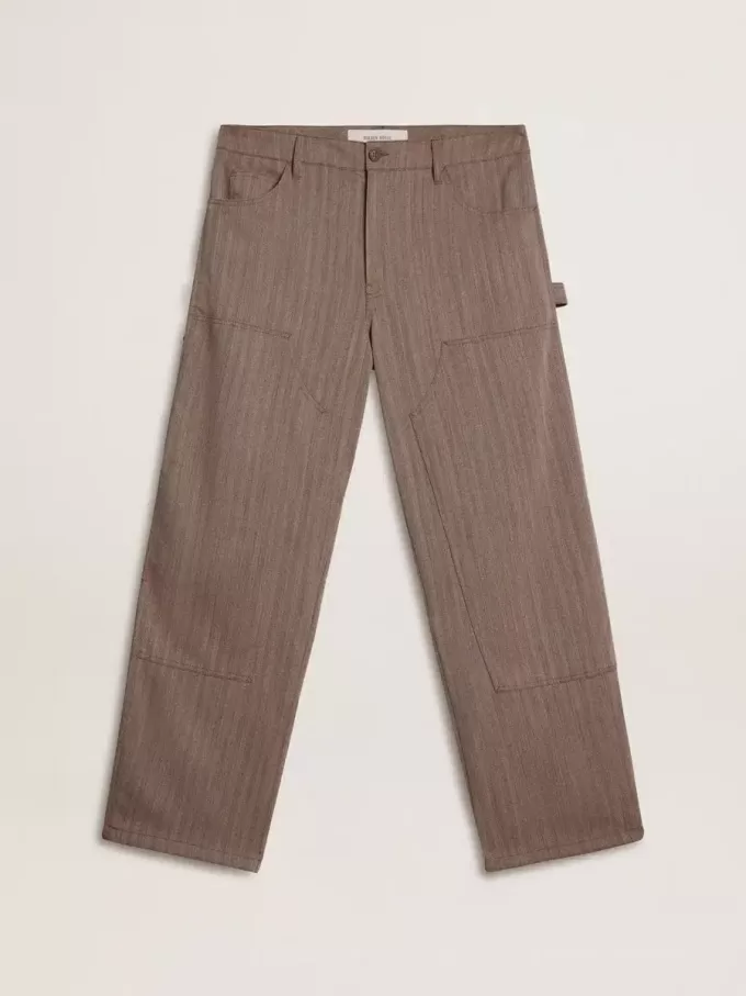 Pantaloni da uomo in misto lana con micro motivo a chevron marrone chiaro