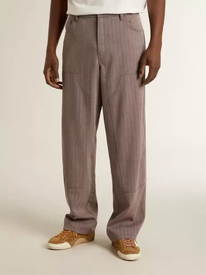 Pantaloni da uomo in misto lana con micro motivo a chevron marrone chiaro