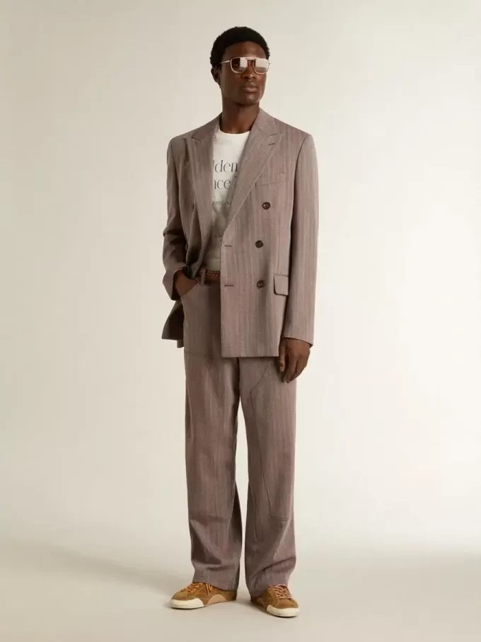 Pantaloni da uomo in misto lana con micro motivo a chevron marrone chiaro