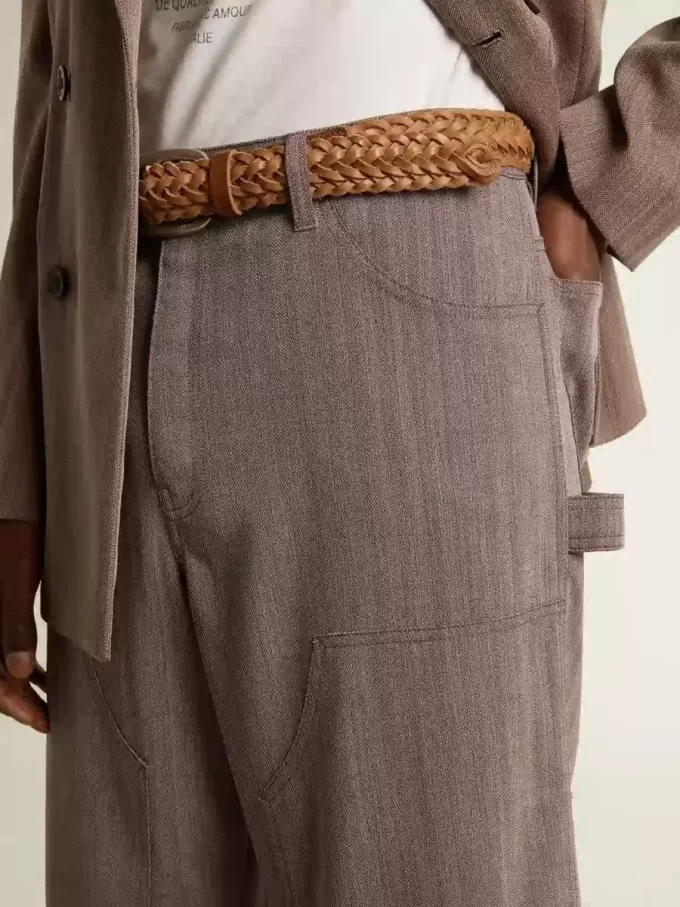 Pantaloni da uomo in misto lana con micro motivo a chevron marrone chiaro
