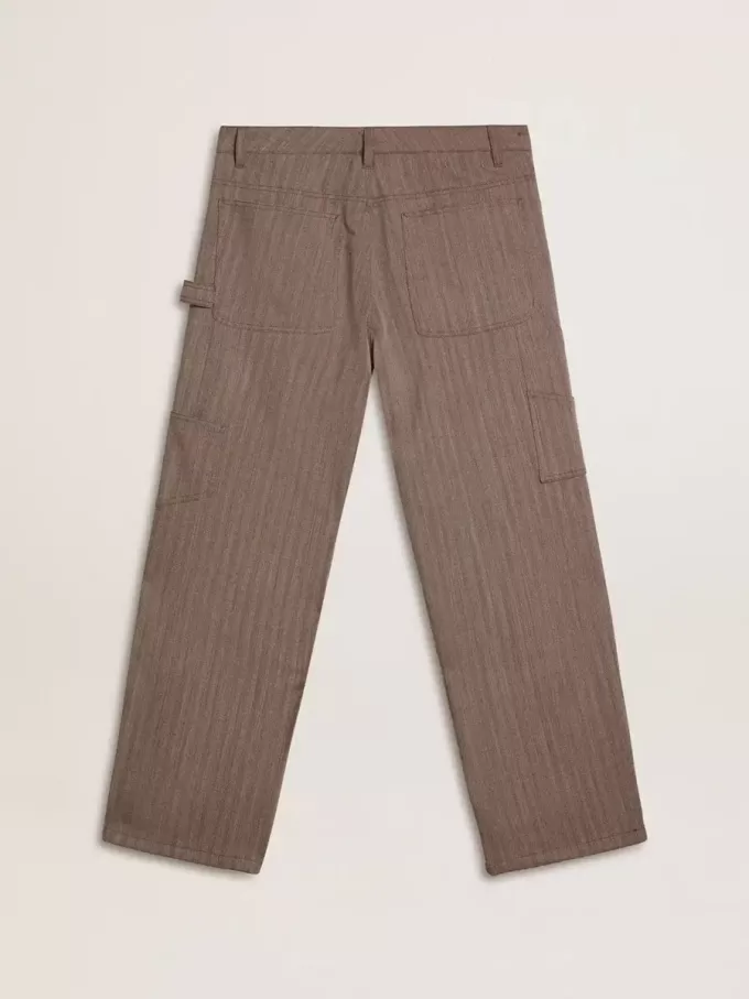 Pantaloni da uomo in misto lana con micro motivo a chevron marrone chiaro