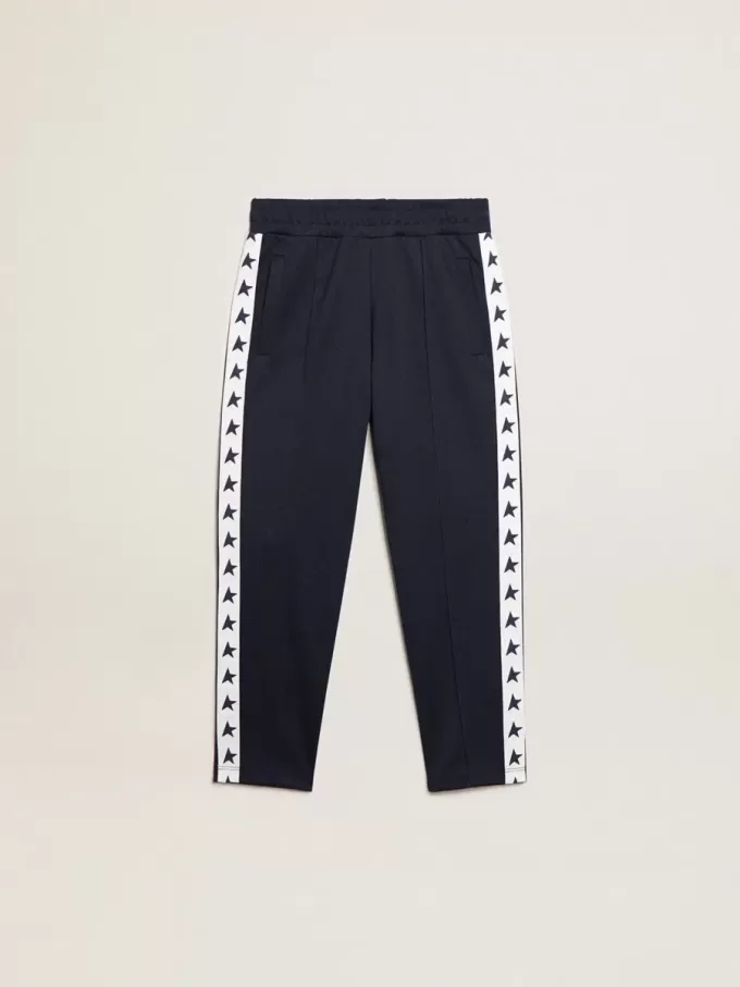 Pantaloni jogging blu scuro con striscia bianca e stelle a contrasto