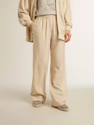 Pantaloni jogging da donna in seta e viscosa beige chiaro