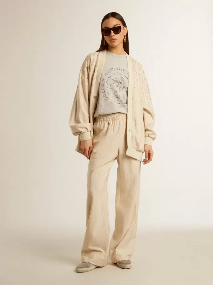 Pantaloni jogging da donna in seta e viscosa beige chiaro Pantaloni jogging da donna in seta e viscosa beige chiaro