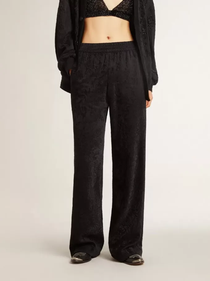 Pantaloni jogging da donna neri con stampa toile de jouy tono su tono