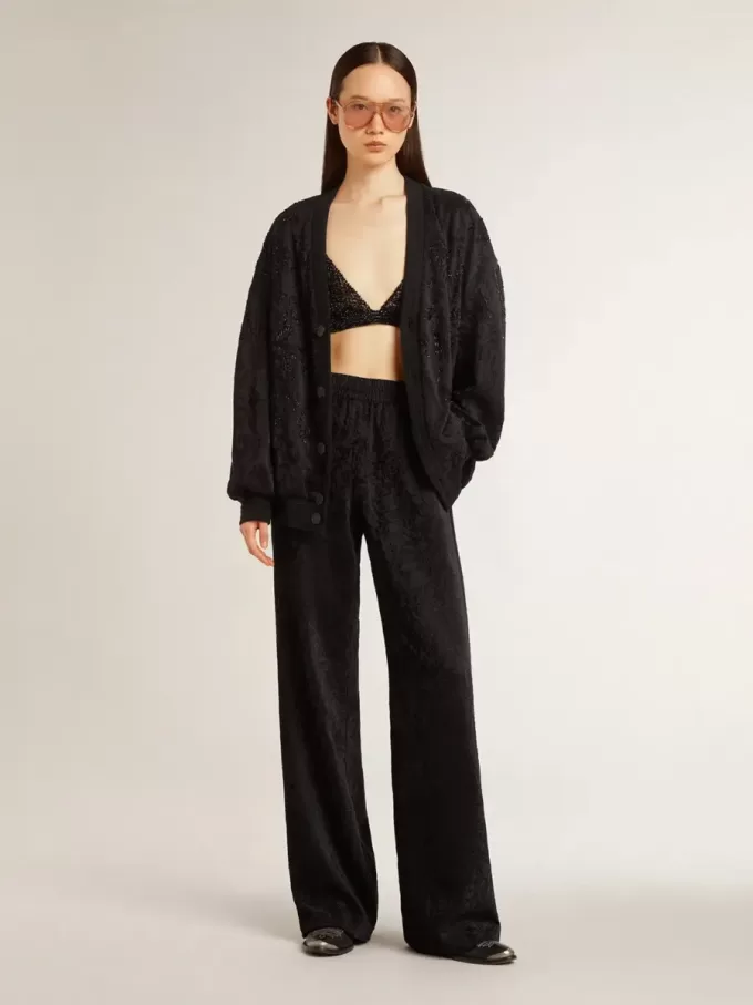 Pantaloni jogging da donna neri con stampa toile de jouy tono su tono