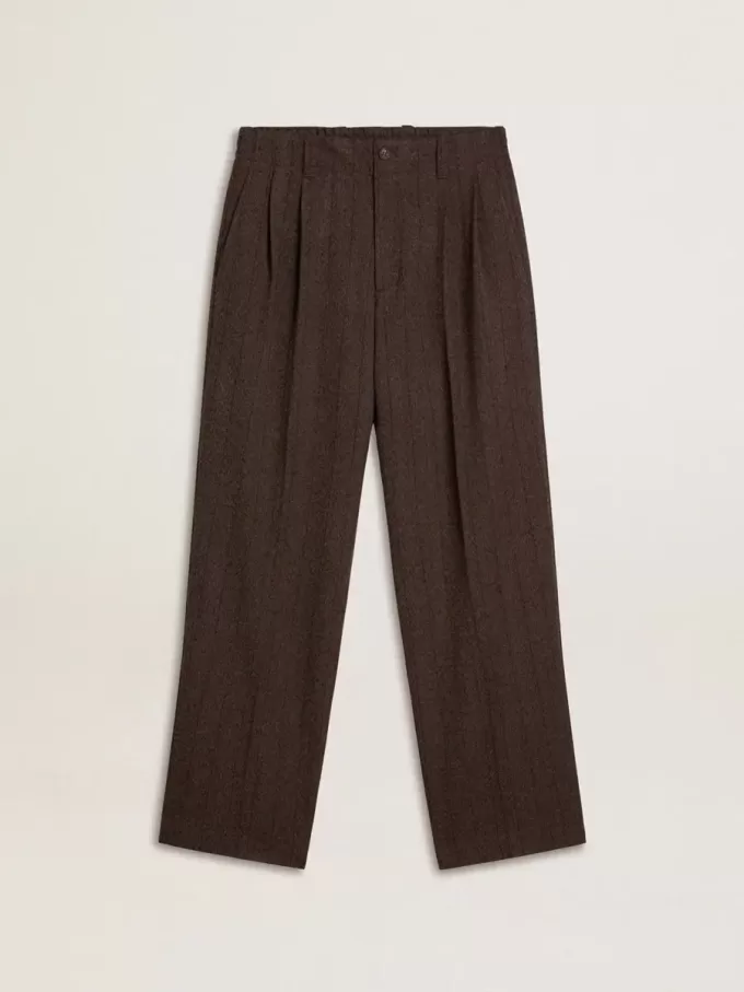 Pantaloni jogging da uomo in lana marrone scuro con motivo a righe sottili