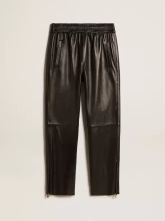 Pantaloni jogging neri in pelle nappa con zip alla base