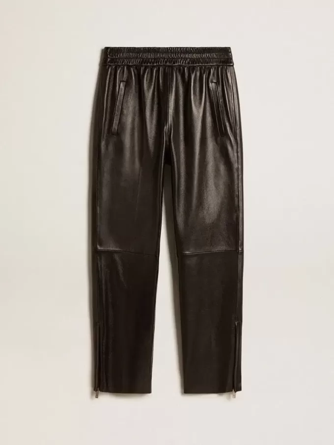 Pantaloni jogging neri in pelle nappa con zip alla base Pantaloni jogging neri in pelle nappa con zip alla base