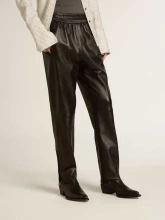 Pantaloni jogging neri in pelle nappa con zip alla base
