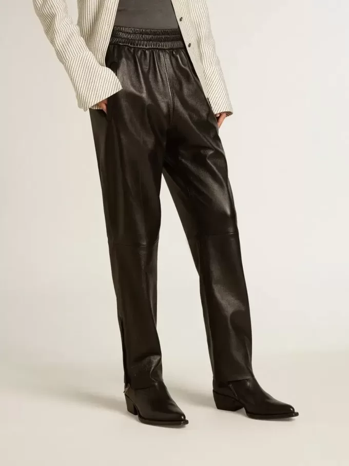 Pantaloni jogging neri in pelle nappa con zip alla base Pantaloni jogging neri in pelle nappa con zip alla base