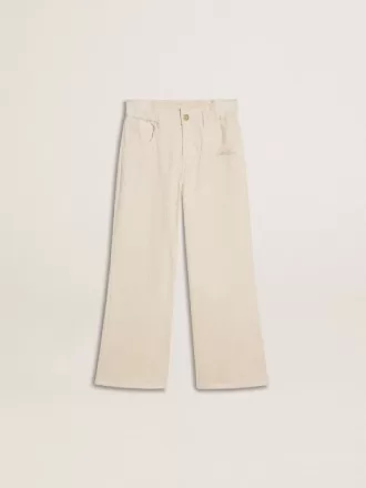 Pantaloni larghi a coste color crema con ricami per bambina Pantaloni larghi a coste color crema con ricami per bambina