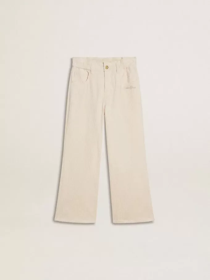 Pantaloni larghi a coste color crema con ricami per bambina Pantaloni larghi a coste color crema con ricami per bambina
