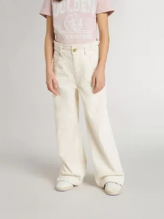 Pantaloni larghi a coste color crema con ricami per bambina Pantaloni larghi a coste color crema con ricami per bambina