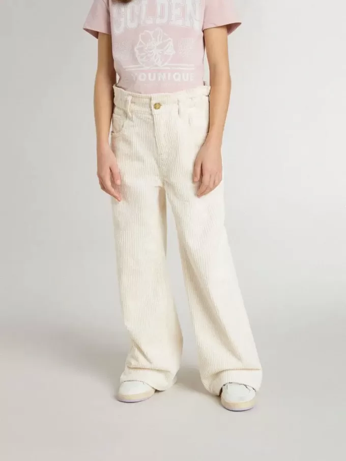 Pantaloni larghi a coste color crema con ricami per bambina Pantaloni larghi a coste color crema con ricami per bambina