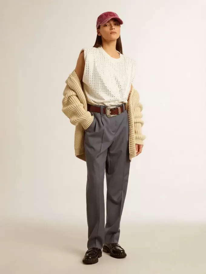 Pantaloni larghi da donna in lana azzurro Pantaloni larghi da donna in lana azzurro