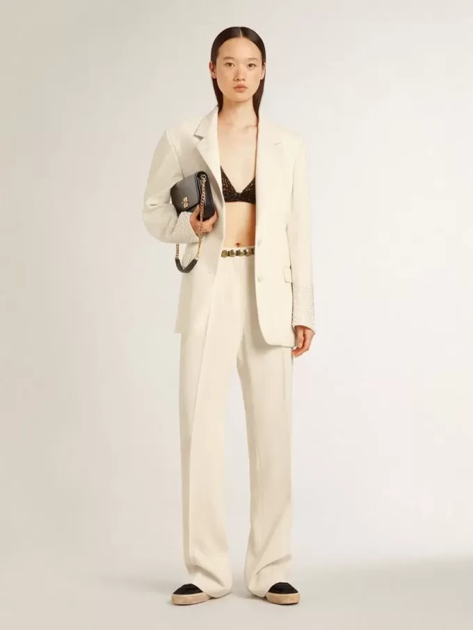 Pantaloni larghi da donna in tessuto sartoriale bianco consumato Pantaloni larghi da donna in tessuto sartoriale bianco consumato
