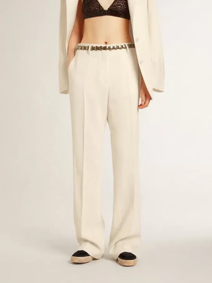 Pantaloni larghi da donna in tessuto sartoriale bianco consumato Pantaloni larghi da donna in tessuto sartoriale bianco consumato