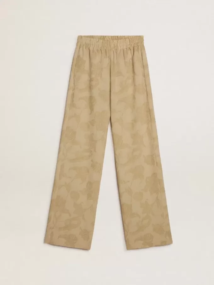 Pantaloni pigiama da donna in jacquard beige con motivo floreale