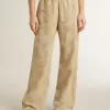 Pantaloni pigiama da donna in jacquard beige con motivo floreale