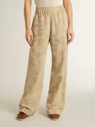 Pantaloni pigiama da donna in jacquard beige con motivo floreale