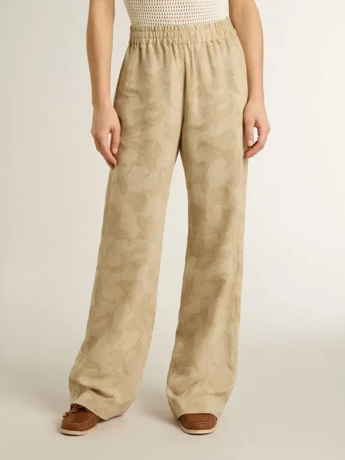 Pantaloni pigiama da donna in jacquard beige con motivo floreale