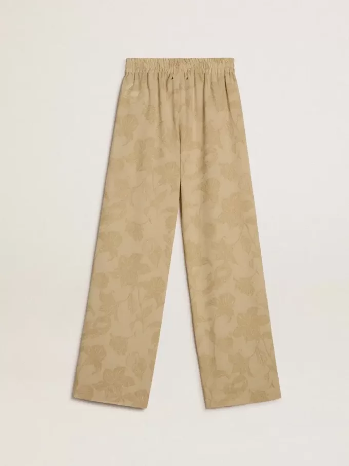 Pantaloni pigiama da donna in jacquard beige con motivo floreale