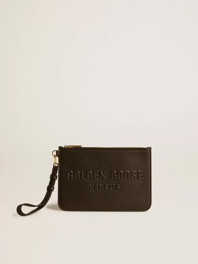 Pochette in pelle nera con logo in rilievo