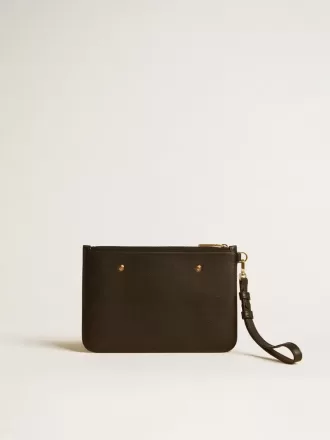 Pochette in pelle nera con logo in rilievo