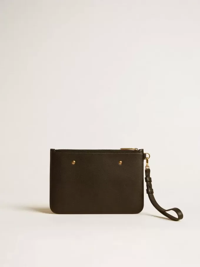 Pochette in pelle nera con logo in rilievo