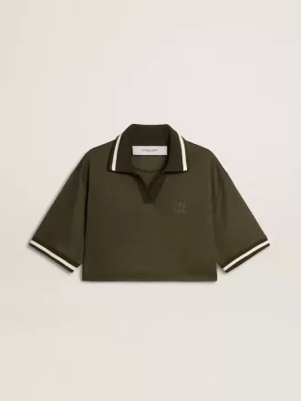 Polo corta da donna in jersey verde militare con ricami