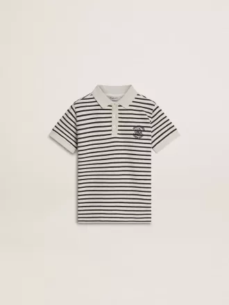 Polo da bambino in cotone bianco con strisce blu navy e ricami